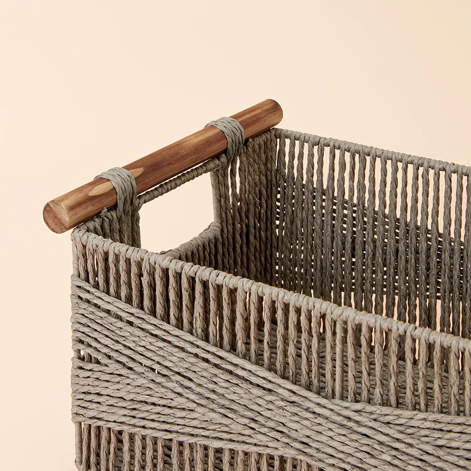 Wicker Storage Baskets for Organizing, Recyclable Paper Rope Basket with Wood Handles, Decorative Hand Woven Basket Organizers