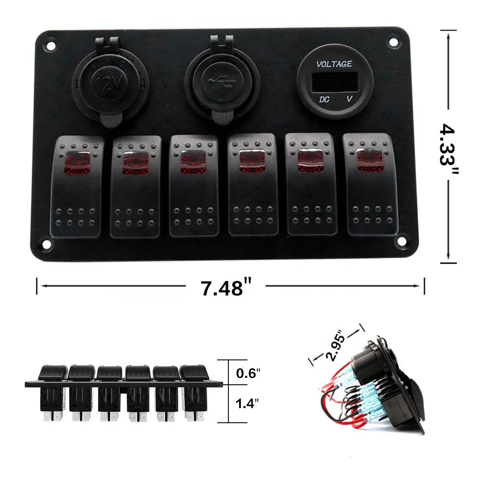 Wholesale DC 12V waterproof Rocker Switch Control Panel 6 Gang with USB Socket Voltmeter Cigarette Lighter Socket