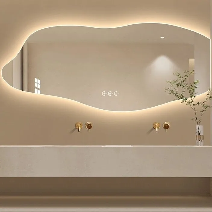 Smart LED Backlit Frameless Glass Irregular Shape Mirror for Interior Bedroom Dressing & Living Room Wall Hanging Decoration