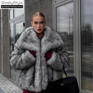 Women's Medium Woven Faux Fox Fur Parka-High-End Hip Hop Style V-neck for European & American Cross-Border Winter