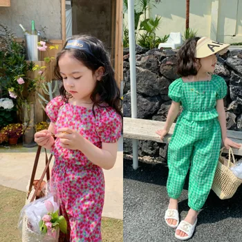 Girls' cotton suit summer new girl's plaid flower short-sleeved trousers baby girl casual two-piece suit