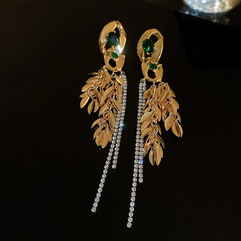 Vintage Golden Leaf Earrings with Colorful Zirconia