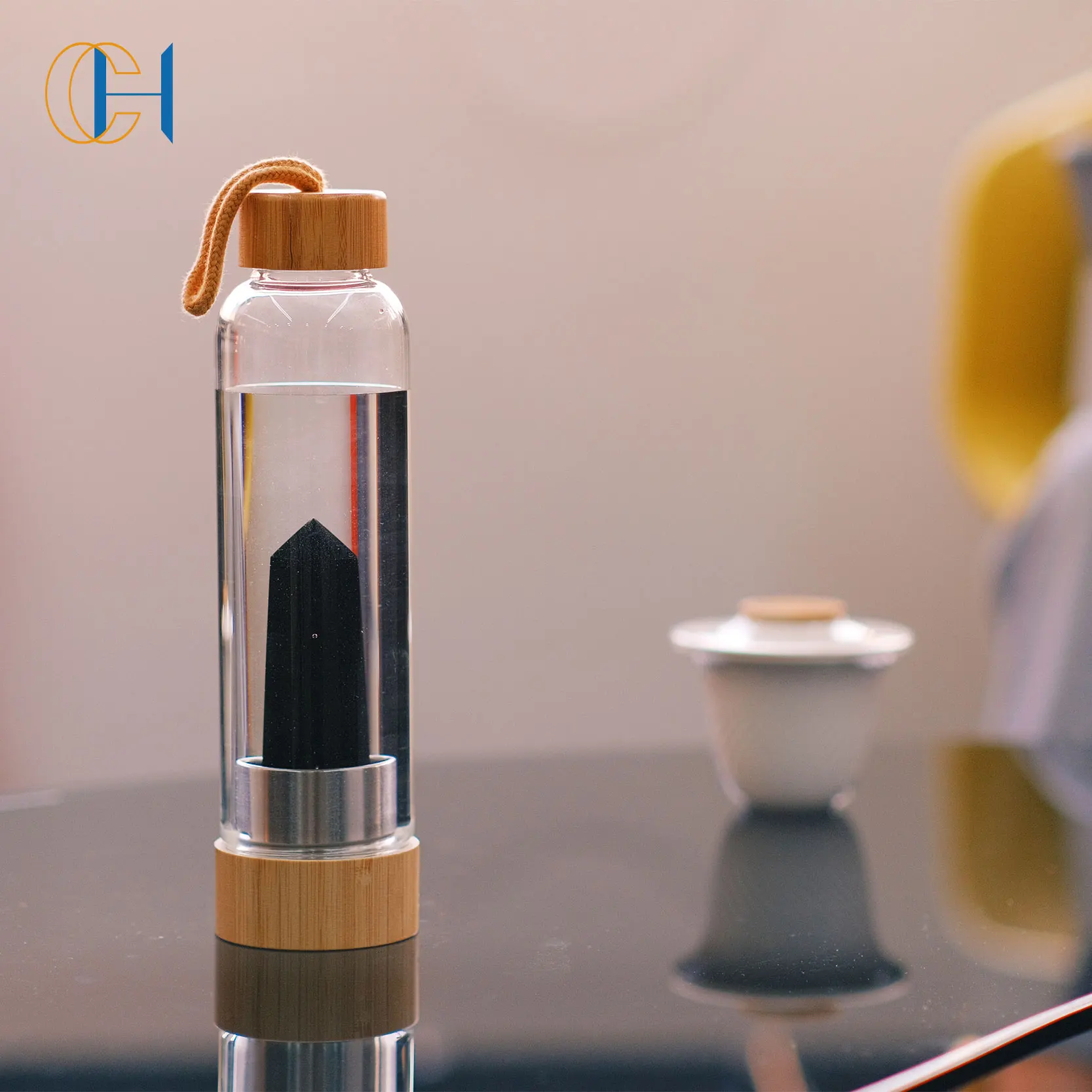 Crystal Elixir Infused Gem Water Bottle Bamboo Wellness Glass Includes