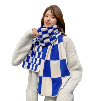 Klein blue chessboard Plaid knitted wool scarf Girl Scarf student thickened autumn and winter knitted scarf