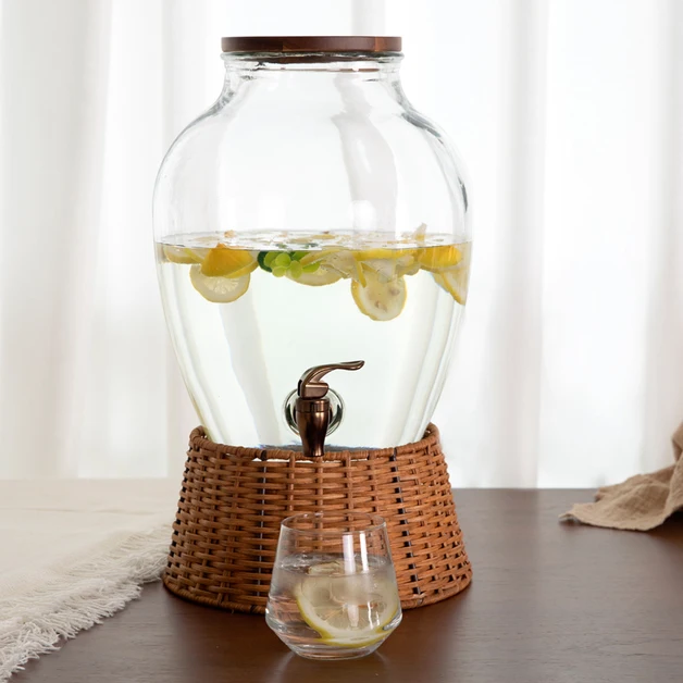 wholesale clear glass water dispenser glass jar with acacia wood lid and ABS tap
