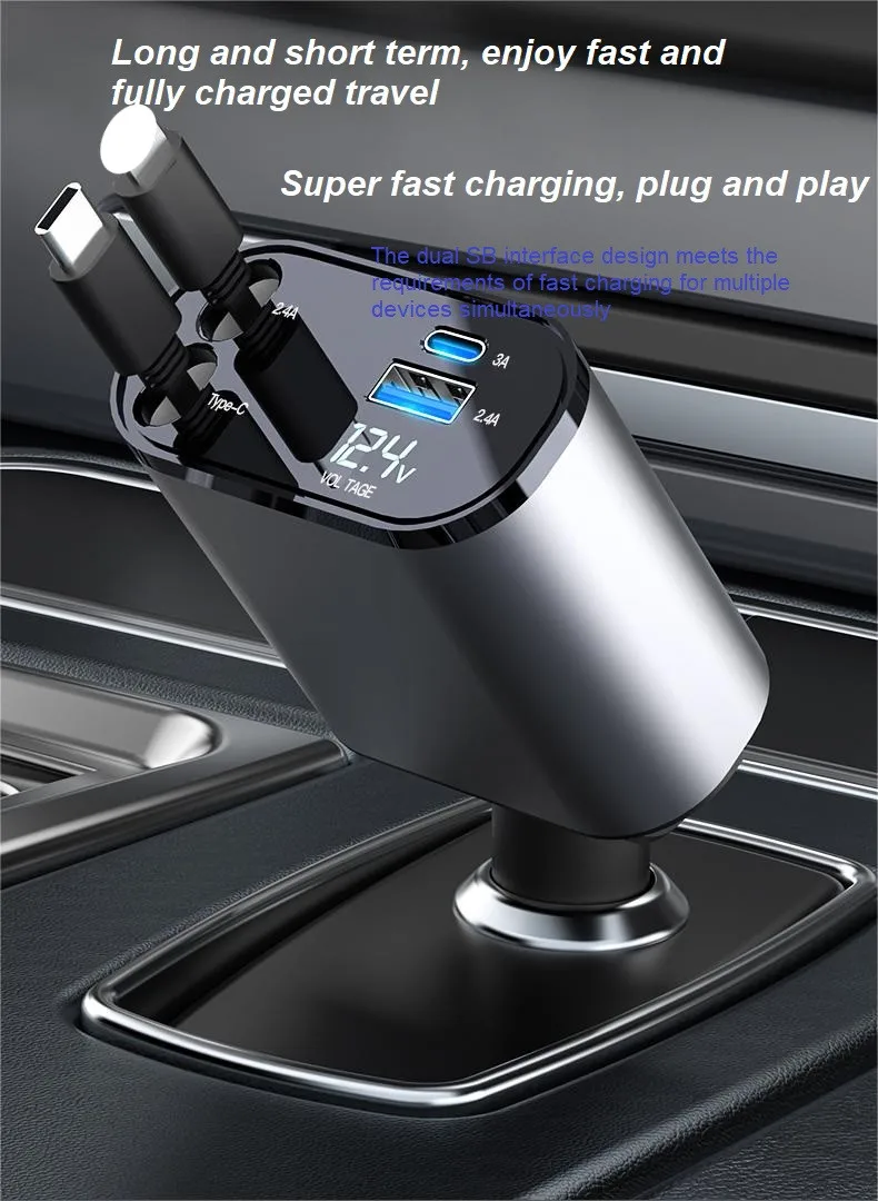 Car charger with LED digital display 100W 4 in 1 Quick Adapter 2 Port Type C PD Car charging station charger