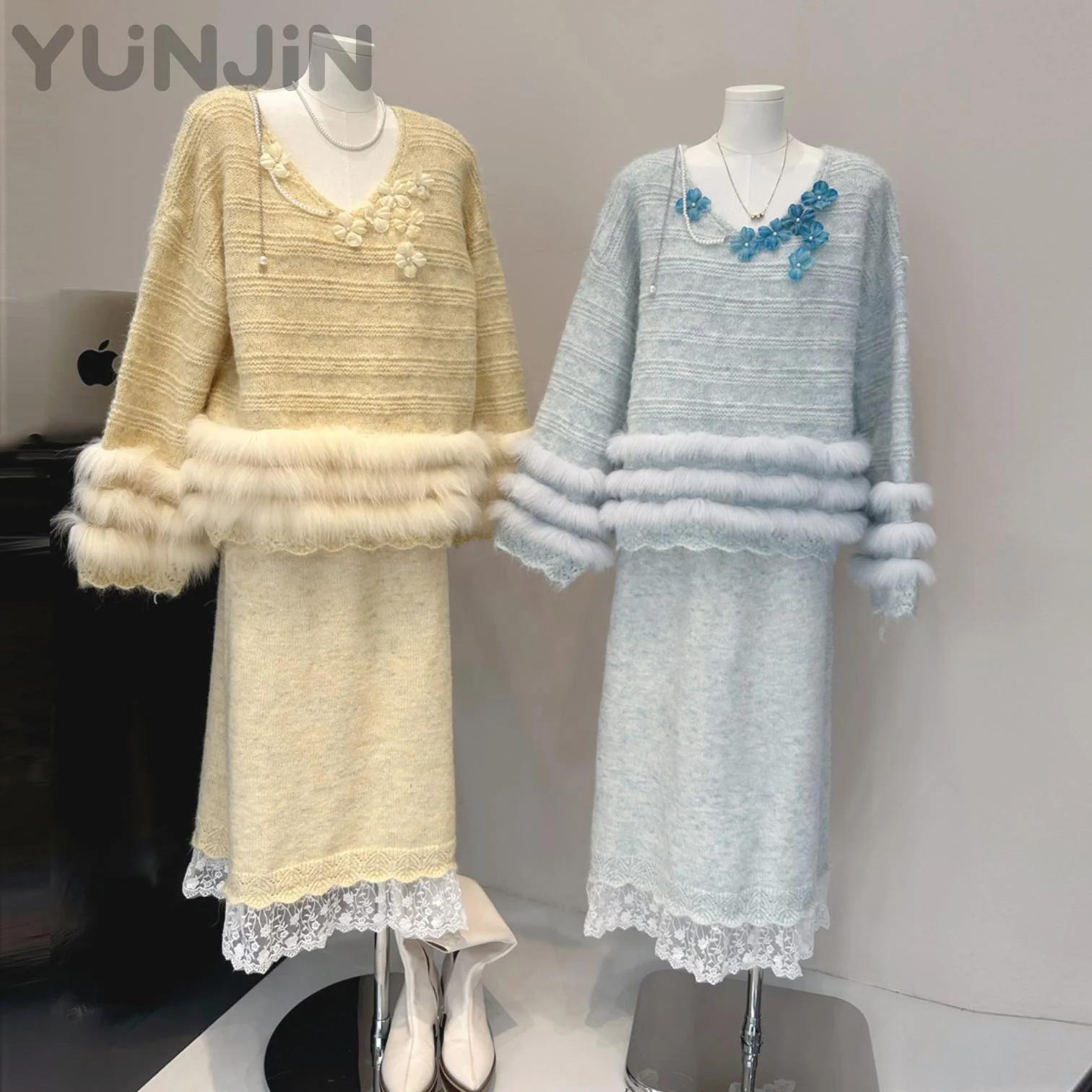 Design Women's Genuine Fox Fur Trim Knit Two