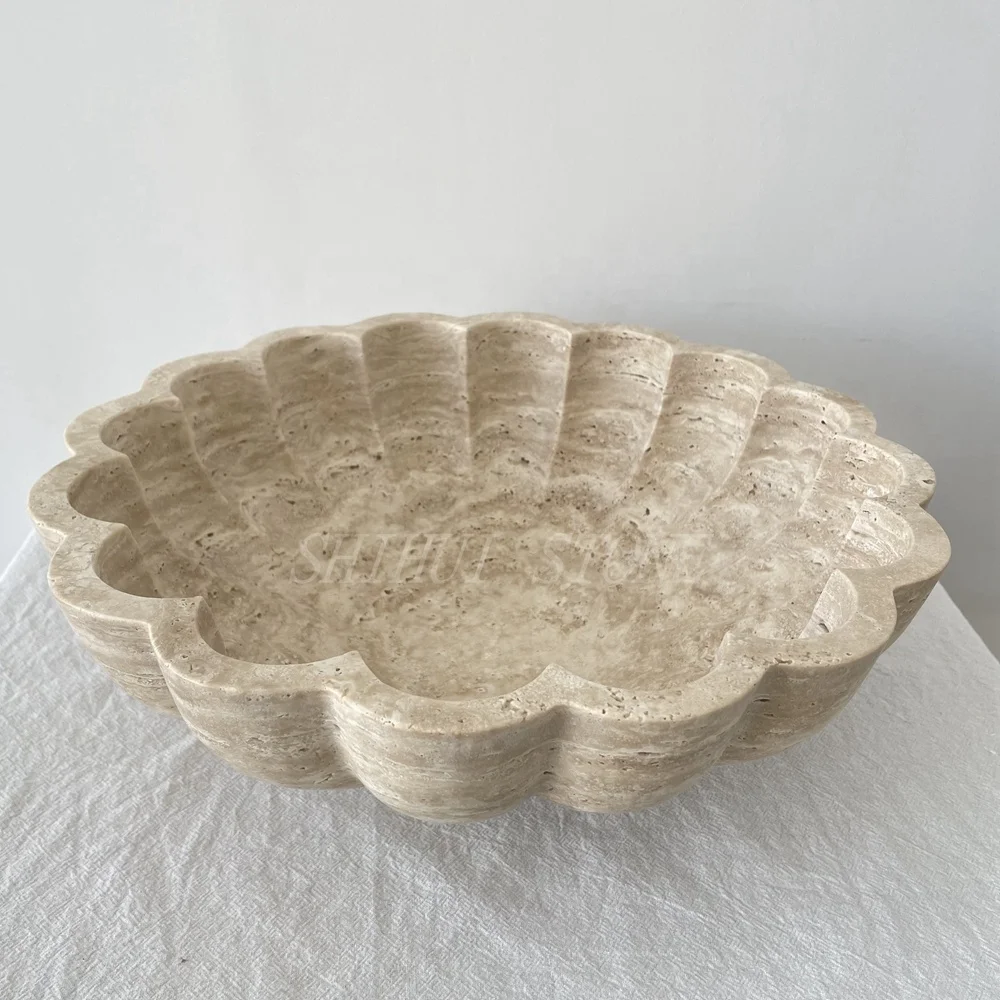 Home Accessaries Flower Design Natural Travertine Stone Fruit Bowl Travertine Bowl Travertine Tray