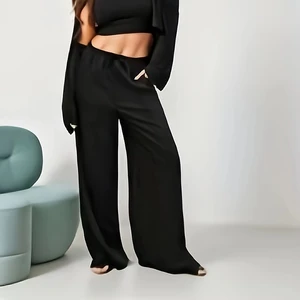 Women's New Fashionable Linen Wide-Leg Pants Lace-up Feature Casual Loose Fit Mid/Low Breathable Plain Dyed Versatile Trousers