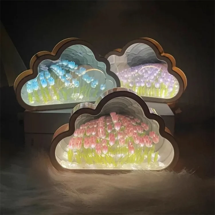 LED DIY Tulip Night Light Cloud Tulip Mirror Lights LED Handmade Simulated Tulip Table Lamp Room Desktop Decor Teen Girls