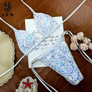 JSN 2026 Customized New Gradient Sequined Strap Two-piece Bikini Fashionable Swimwear Beach Vacation Backless Pearl Swim Suit