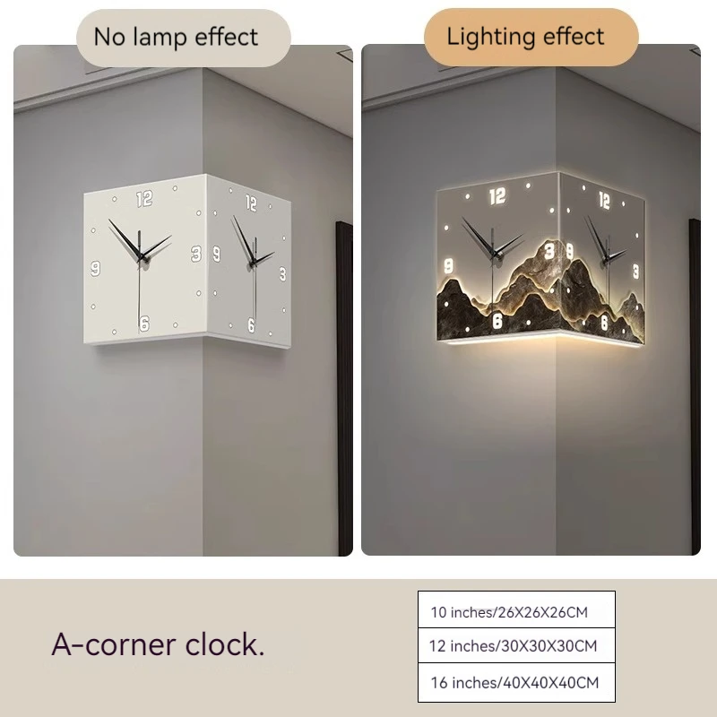 3D Led Light Corner Clock square Living Room Simple Double-sided Clock Iron Digital Hollowed-out Double-sided Hanging Clock