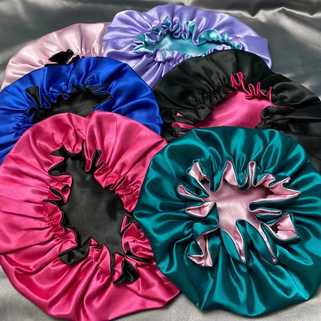 New Large Size Satin Lined Double Layer Silk Hair Bonnet Custom sleep hair bonnets