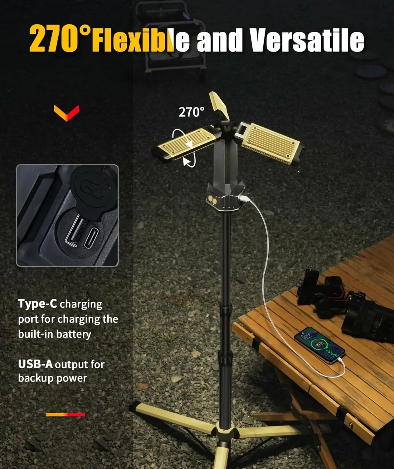 Portable 4000Lumen COB LED Work Light Rechargeable Magnetic Tripod Mechanic Lamp 270 Degree Rotate Car Repairing Camp Lighting