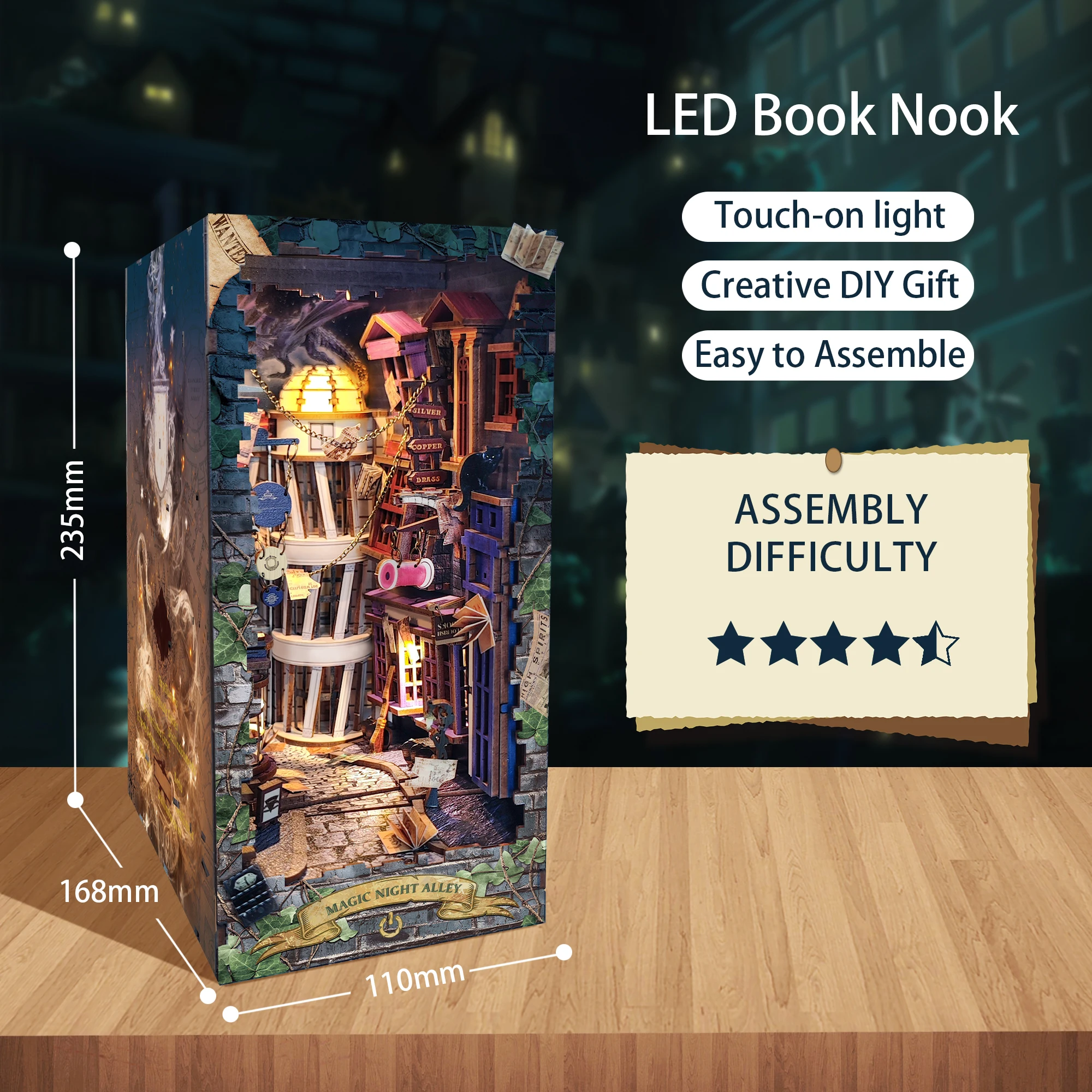 Book Nook Alley Way 3d Wooden Puzzle Bookend Diy Miniature House Booknook Shelf Insert Magic Night Alley Book Nook Kit Toy