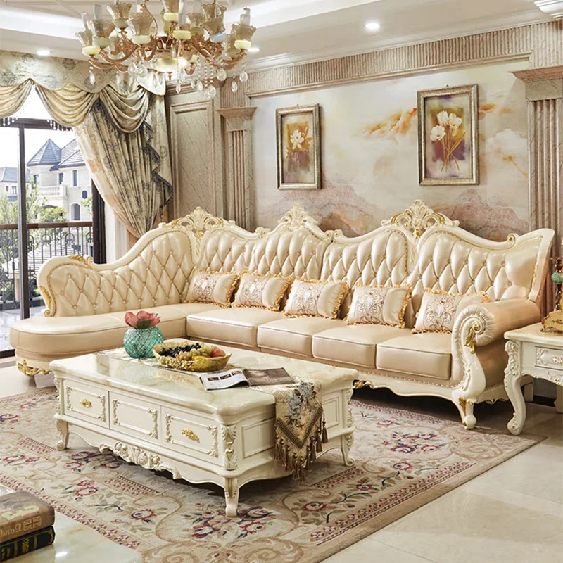 European Modern Leather Sofa Set Luxury Leather Wood Hand-carved Sofa ...