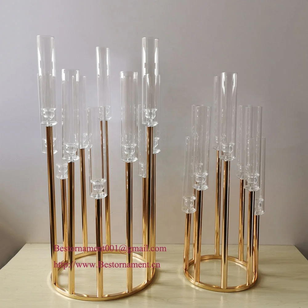 Wedding Table Centerpiece Gold Color Metal Candelabra Candle Holders Candlesticks Flower Vases Pillar Stand