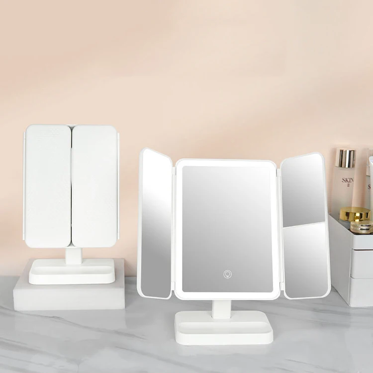 Factory Wholesale Folding 360 Degree Rectangle White Desktop Mirror Trifold Table Mirror Led Light up Mirror