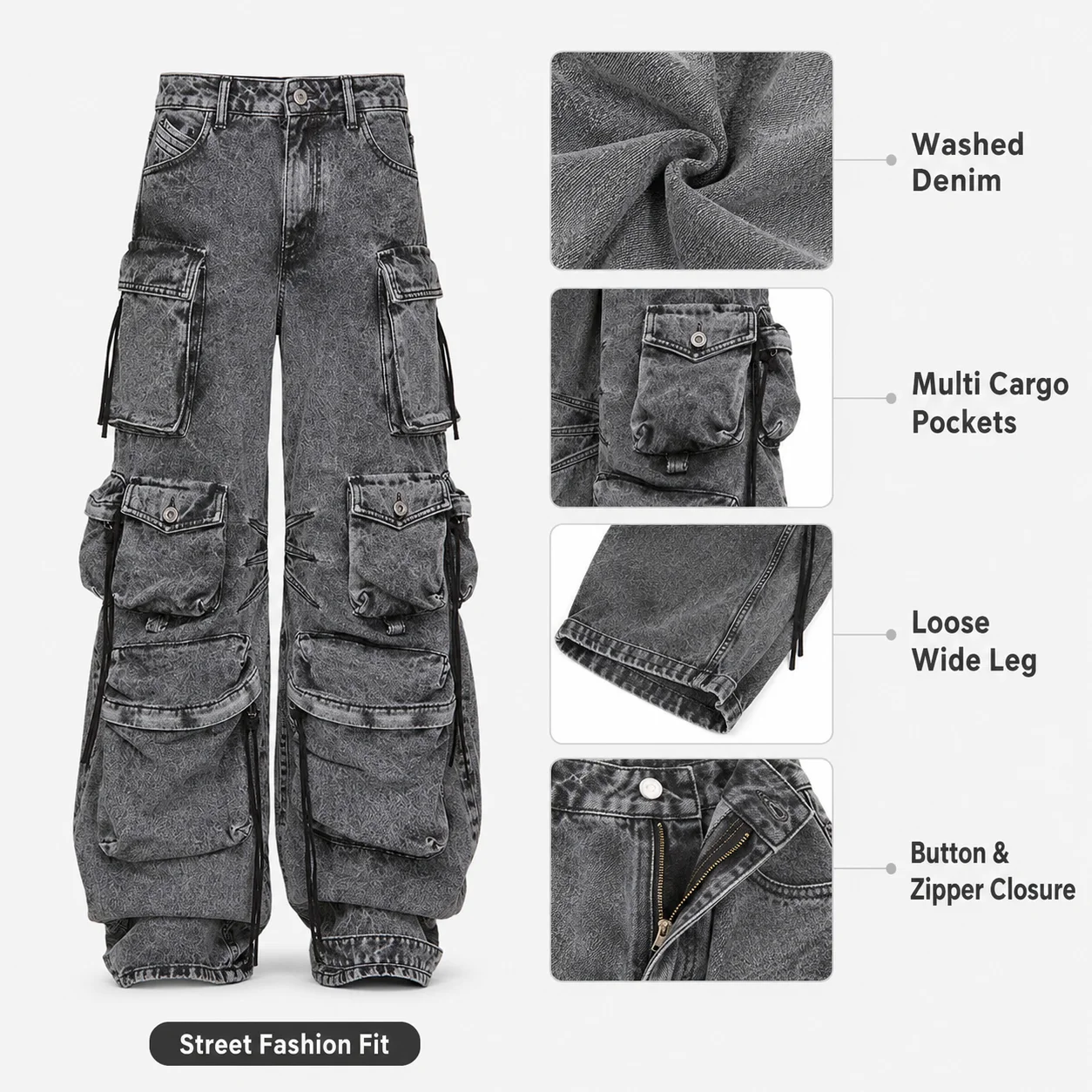 Custom Logo Women's Denim Skinny Jeans High Waist Multi-pocket Design Streetwear Light Wash Pencil Pants Wholesale