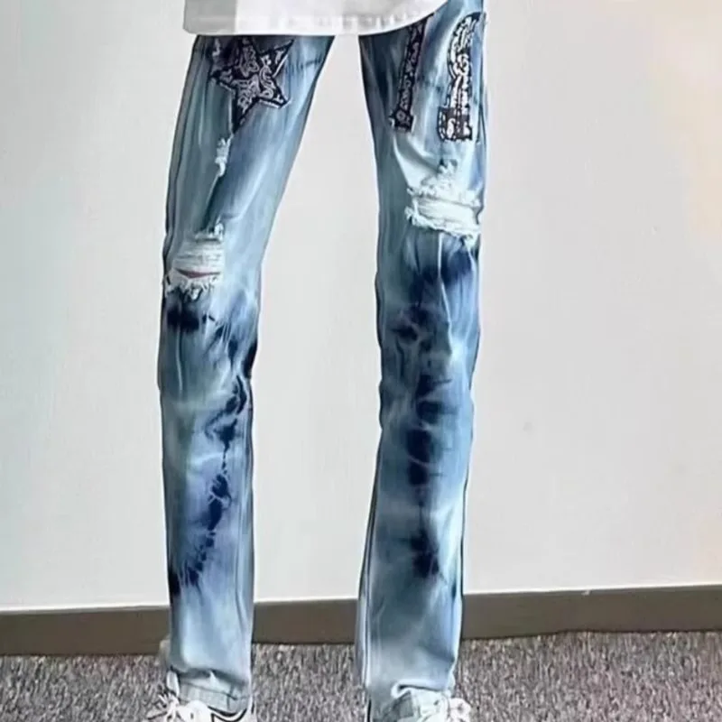 फैशन और स्ट्रीटवियर के लिए पुरुषों के जींस, नीले रंग के पेंट प्रिंटेड जींस, पुरुषों के हिप हॉप पैंट्स, पंक शैली के जींस