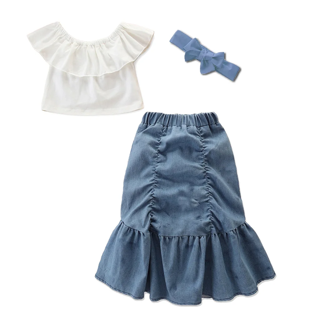 Infant Kids Baby Girls Princess Clothes Sets White Lace Off Shoulder  Top+ruffle Denim Skirt Hairband Outfits - Buy Infant Kids Baby Girls Outfit,Lace  Off Shoulder Top,Ruffle Denim Skirt Product on 