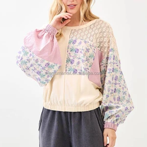 Wholesale Pullover Top Vintage Boho Floral Print Lace Patchwork Puff Sleeve Striped Mixed Media Women Blouse