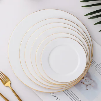 Wholesale Restaurant Cheap Bulk Dinnerware Set White Ceramic Plate With Gold Rim Economy Tableware for Dining