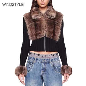 Women's Eco-Friendly Fur Collar Coat Short Winter Padded Print Two-Piece Lapel Zipper Fake Fur Stitching Polyester Fiber Coating