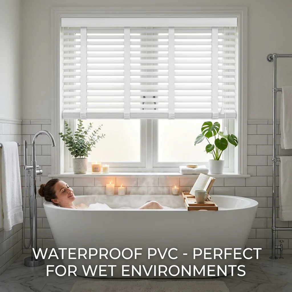 Waterproof PVC Venetian Blinds 50mm White Wide Herringbone Ladder Tape Pull Cord Built-In Simple Bathroom Kitchen Custom Size