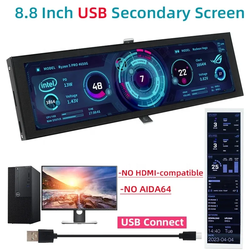 8.8 Inch IPS LCD Secondary Monitor 1920x480 Resolution - OEM