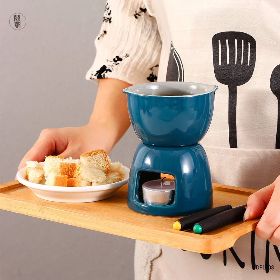Tasse à Fondue Au Chocolat En Céramique 200 Ml – Kit Avec Fourchette Inox Et Bougie Chauffe-plat – Pour Caramel, Fromage, Beurre – Idée Cadeau Romantique Ou Fête