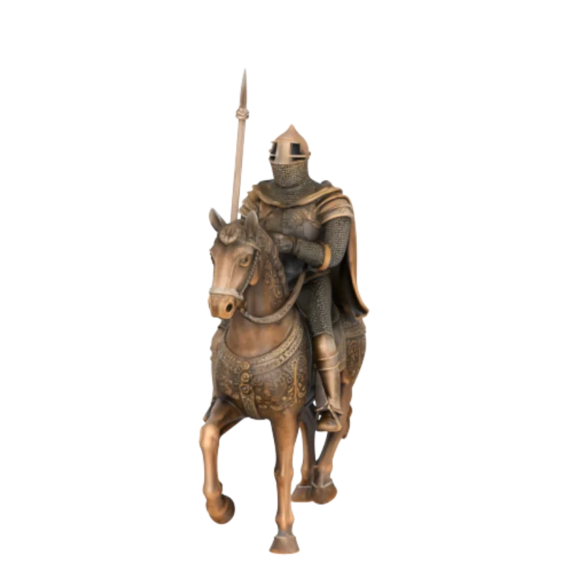 Figura de resina de caballero medieval sobre caballo con lanza | Escultura de guerrero en bronce para decoración del hogar