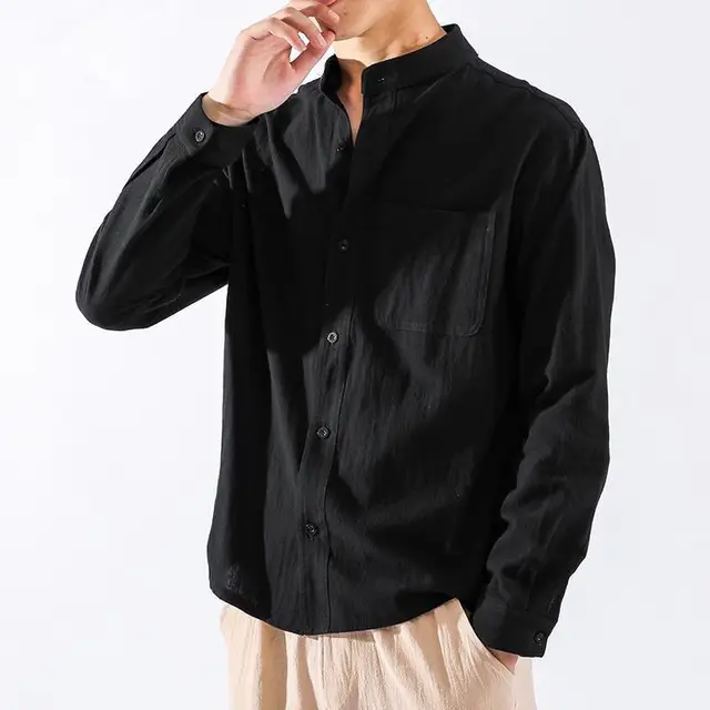 OEM Custom Cotton men's Shirts Wholesale Men's Solid Shirts 100% Linen Stand Collar Long Sleeve Shirts For Men