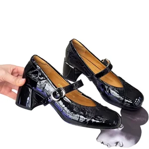 Women's High Autumn Mary Jane Pumps Genuine Leather Slip-On Block Heel 4cm Thick Instep Strap Single-Strap Design New Style
