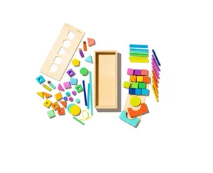 Kids Educational Wooden Building Blocks & Shapes + Wooden Storage Box Wooden Toys