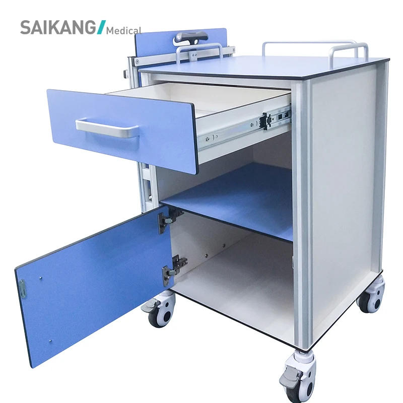 SKS009-2 Factory Height Adjustable Medical Overbed Table Aluminum Hospital  Storage Bedside Table with Casters