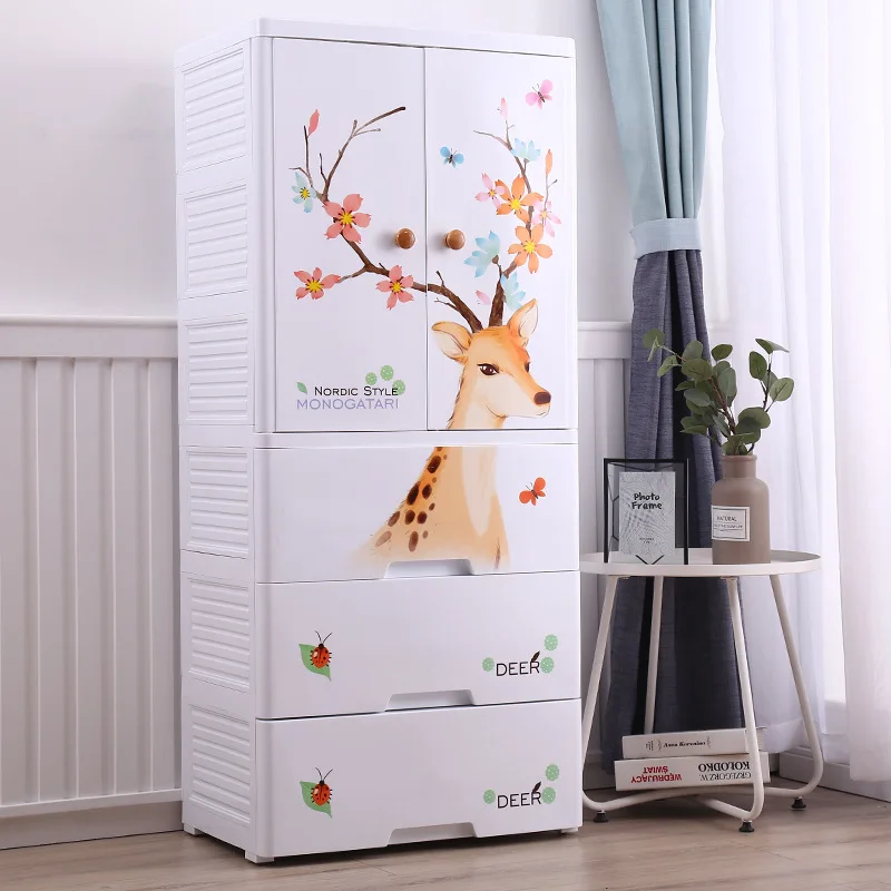 Hot Amazon High Quality 60*41*114 Cm Open Door Baby Bear Cartoon Plastic Wardrobe With Hanger And 3 Drawers