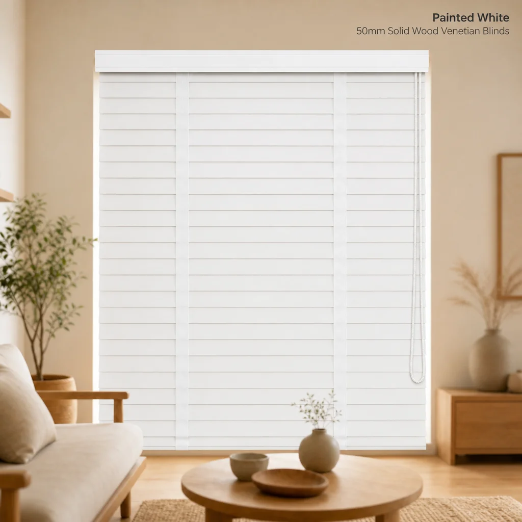 50mm Solid Wood Horizontal Venetian Blinds Painted White Ladder String Chain System Custom Size Anti-UV Living Room Window