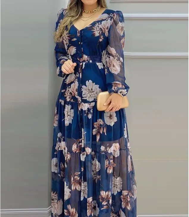 Custom Women's Blue Floral Printed Long Sleeve Maxi Dress Fit And Flare ...