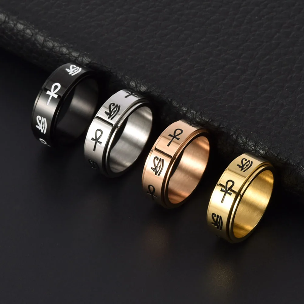 Ankh Cross Spinner Rings Stainless Steel Fidget Ring Egypt Eye of Horus Anxiety Ring for Men Women 8mm Ankh Rotating Stress Gift