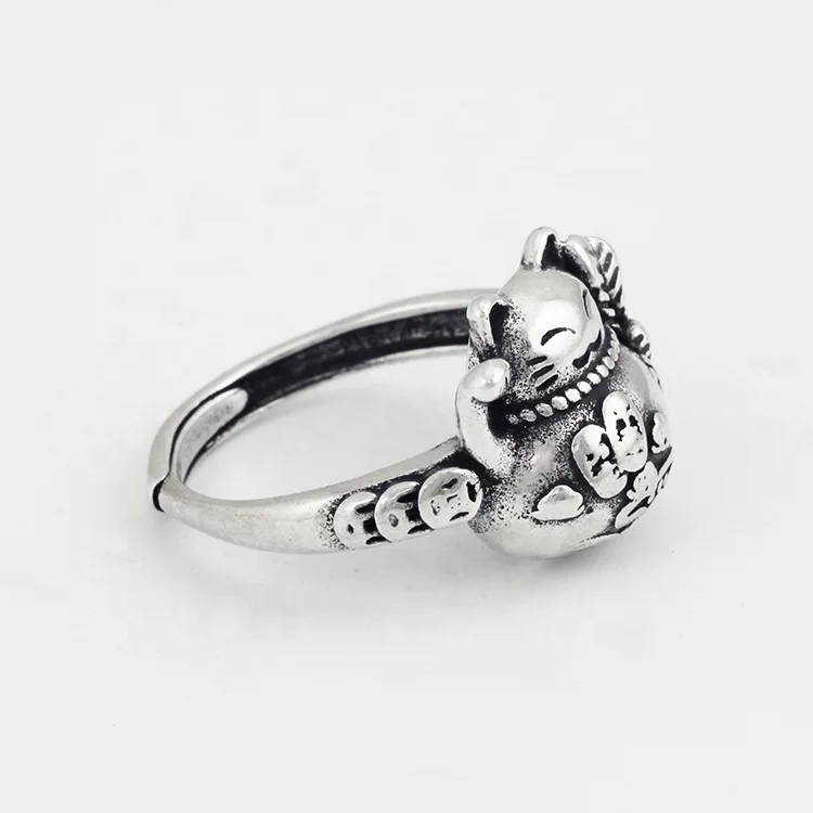 Maneki Neko Chinese Charming Retro Style Antique Silver Plated Lucky Cat Wealth Rings