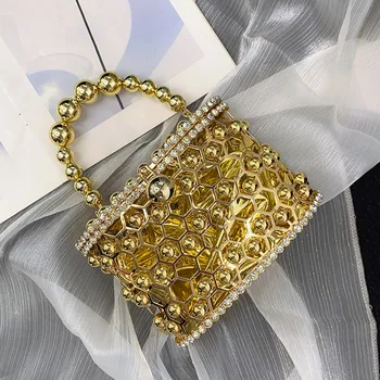 Fashion Bird Cage Pearl Strap Women'S Bucket Bags Luxury Bags Women Handbags Bling Diamonds Evening Bags