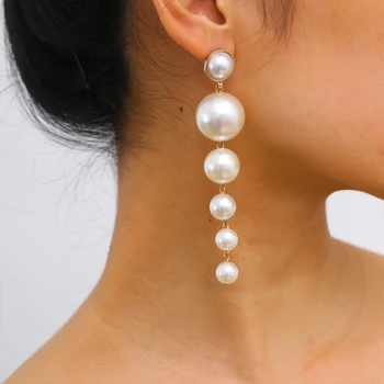 SHIXIN Simple Beaded Elegant Simulated Pearl Long Drop Earring for Women Vintage Wedding Jewelry Statement Earrings 2020