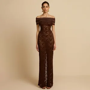 STOCK Two Colors Off Shoulder Lace Dress Women See Through Maxi Dress Sheer Party Robe S-L