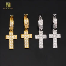 White Gold Plated Ice Out Moissanite Hoop Ear Hip Hop Jewelry  925 Sterling Silver Diamond Cross Hoop Earring for Women