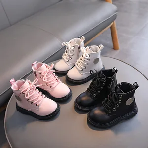Children's Autumn and Winter British Style Boots Soft Soled Anti Slip Leather Boots Lace-up Waterproof Short Boots