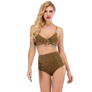 Customized Asian Hot 18 Teens School Girls Sexy Tight High Waist Contest Brown Velvet Bikini Swimwear Feathers Zippers