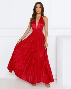 Halter Sexy Backless Ruched Maxi Dress Elegant Sleeveless Slim Fashion Ladies Club Party Long Pleated Dresses