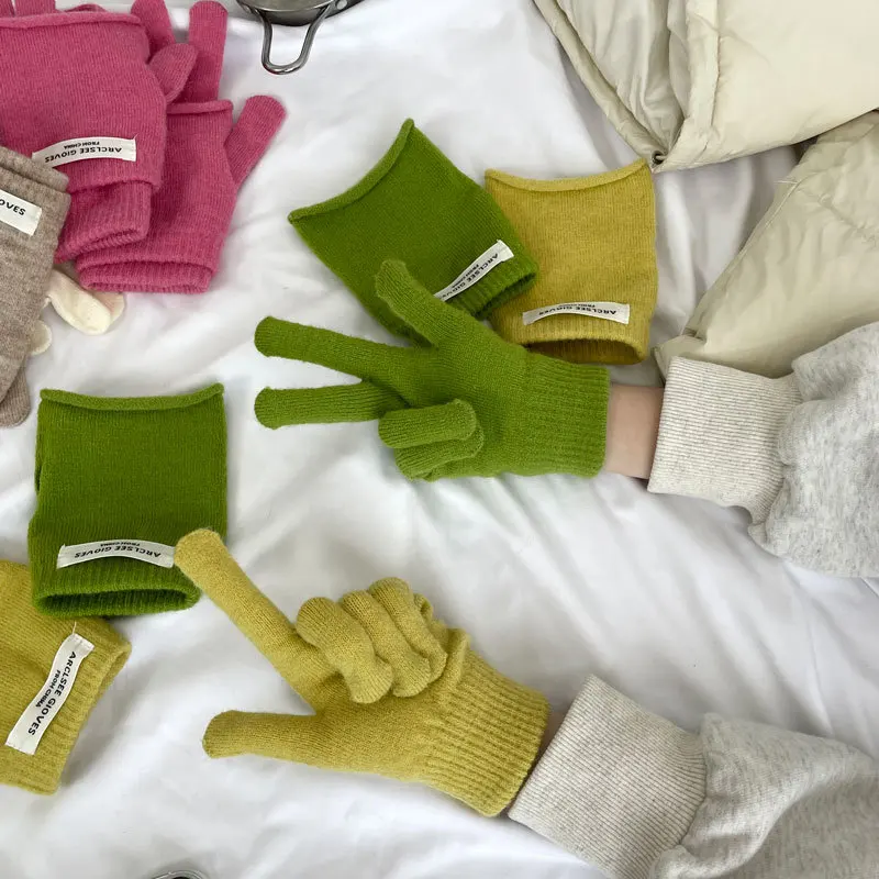 Осенние и зимние однотонные перчатки с пятью пальцами Теплые трикотажные