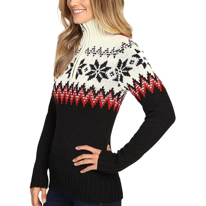 Custom Logo Turtleneck Neck Wool Fair Isle Jacquard Half Zip Sweater Knit Pullover Cloth Warm Norway Skiing Sweater Women